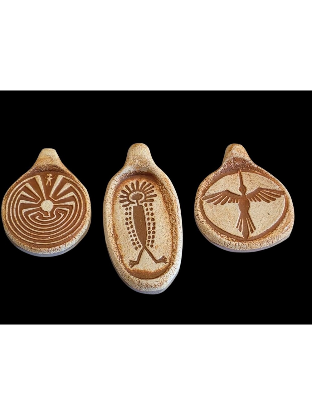 Southwestern Ceramic Pendant Lot 3pc Kokopelli Man in Maze Crane Petroglyph Art
